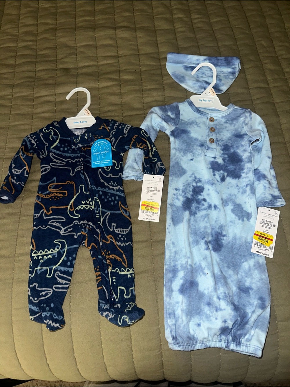 Carter’s Blue Tie-Dye Baby Gown with hat and Navy Dino Footed zip up onesie